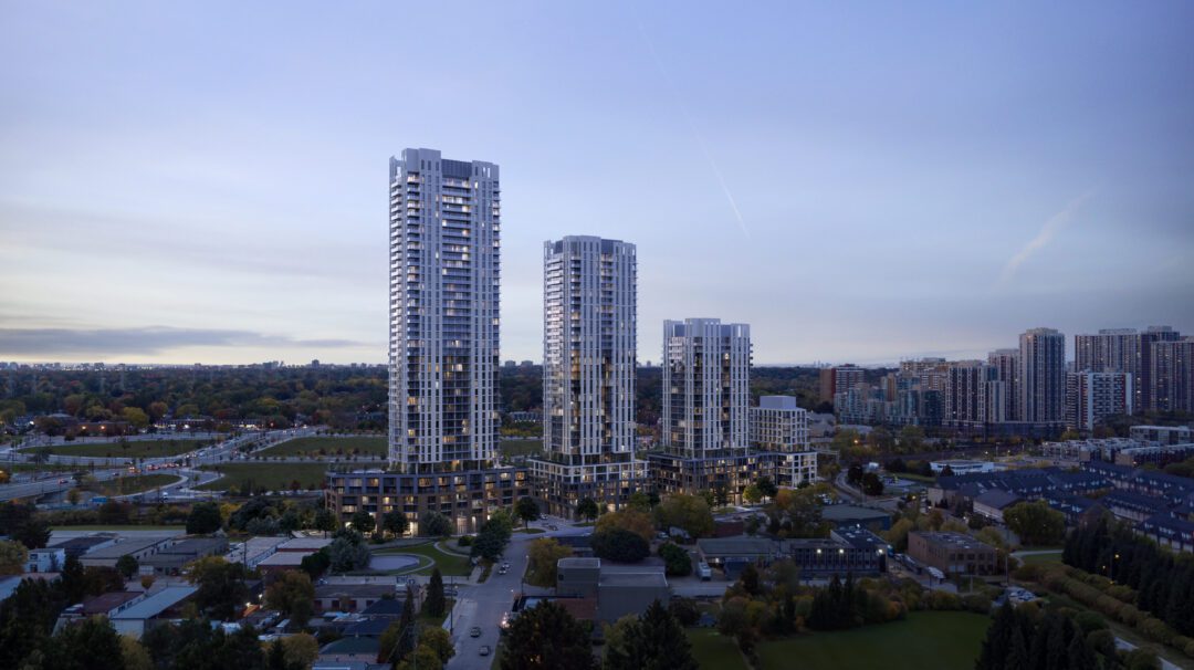 Rendering of four towers of Arcadia District condos in Etobicoke